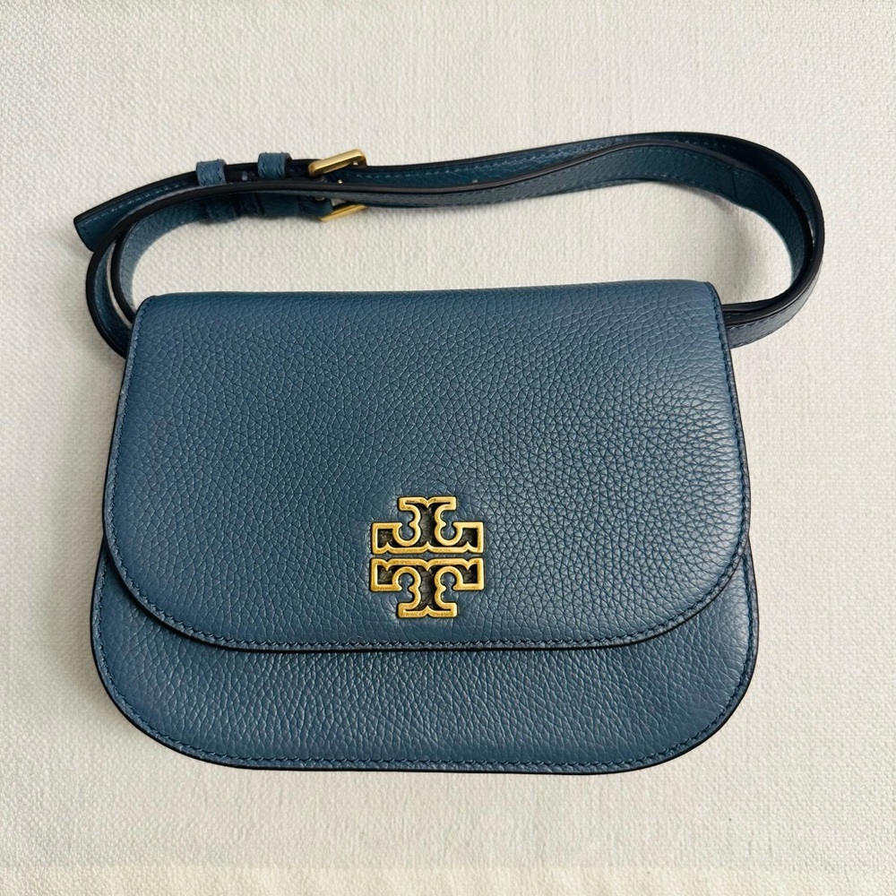 Tory Burch Britten Small Saddle Blue Leather Crossbody Bag